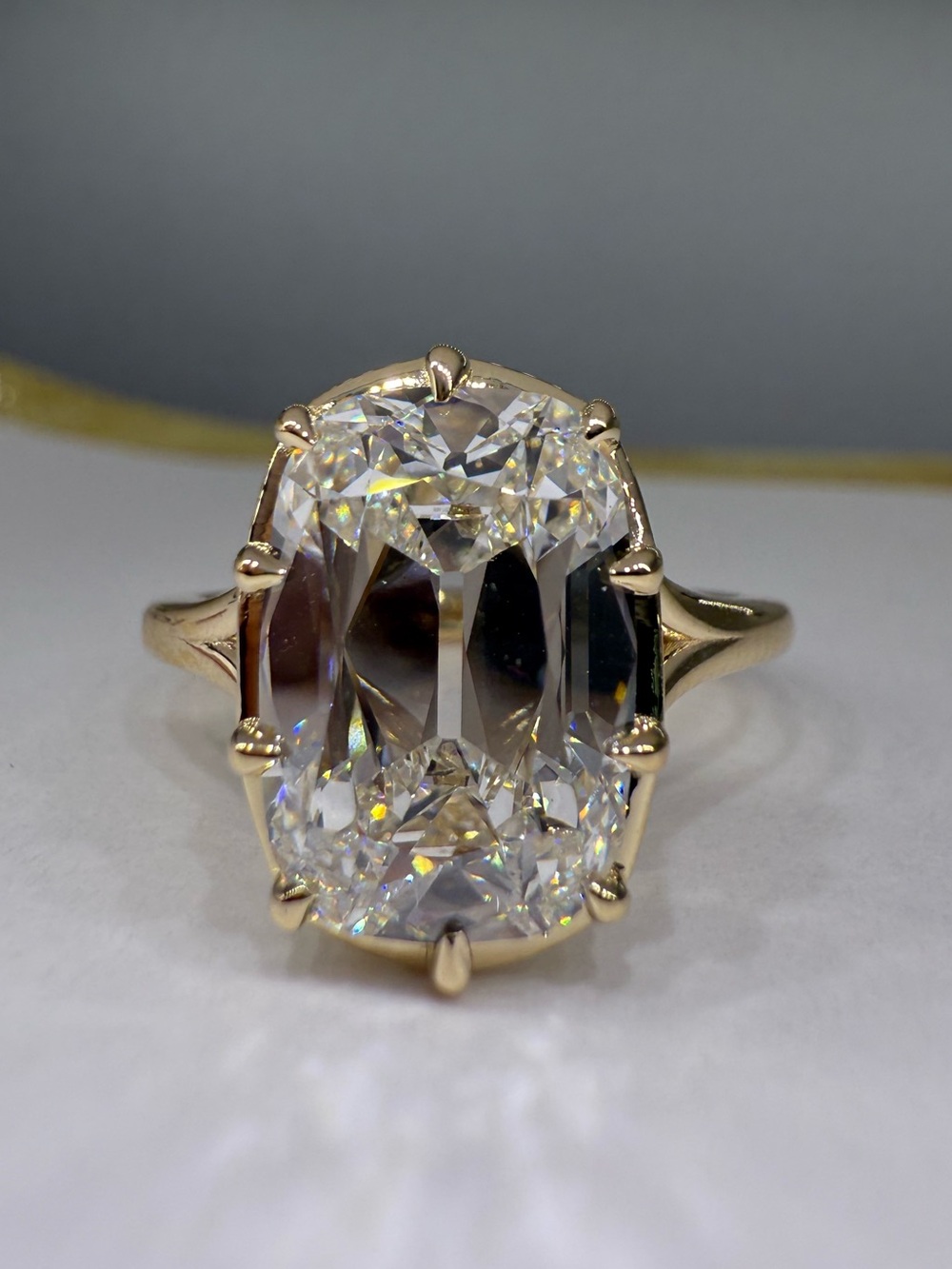 4.56 carat E VVS2 old mine cut diamond solitaire split shank engagement ring